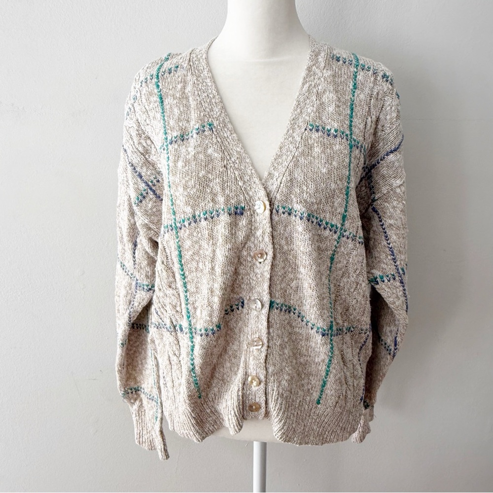 Vintage Women Linen Blend Plaid‎ Cardigan Medium 90s Oversized Grandpa Cottage